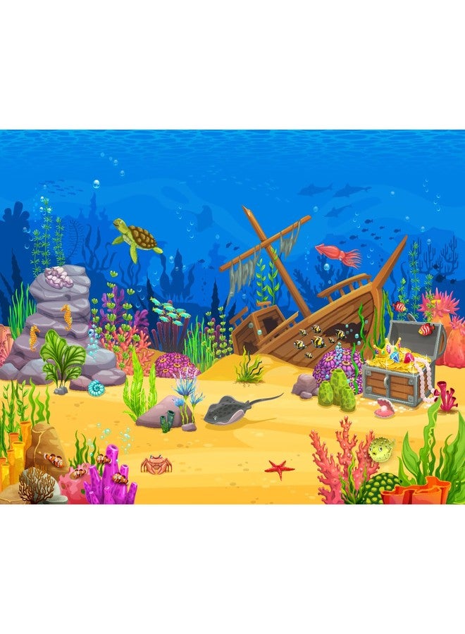CaterRina Cartoon Underwater Landscape Aquarium Background Tropical Coral Reef Sunken Ship with Sea Animals Terrarium Background Deep Blue Ocean Fish Crab Treasure Chest Sea Turtle Fish Tank Backdrop 30x12in - Image 1